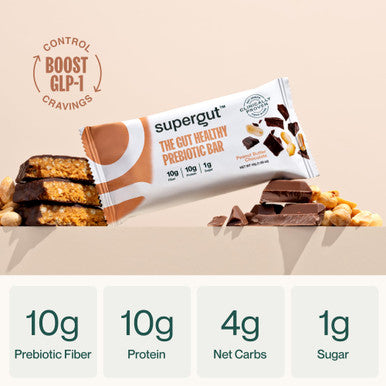 Supergut GLP-1 Boosting Prebiotic Bars Peanut Butter Chocolate - Gut Healthy Protein Snacks & Breakfast Bars - Keto-Friendly Meal Replacement Energy Bars for Gut Health (12 Count)