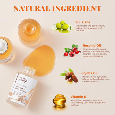 Anai Rui Squalane + Vitamin E Rosehip Oil Moisturizer For Face Hydrate, Reduce Scars And Stretch Marks, Wrinkles For Smoother, Softer Skin 1 Fl. Oz