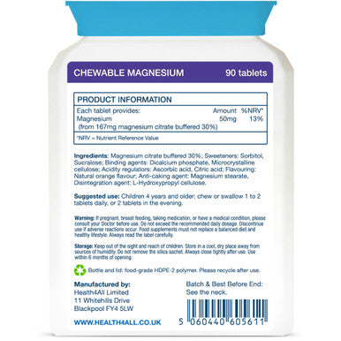 Kids Magnesium Sublingual 90 Tablets (V) (not Capsules or Gummies) for Anxiety, Sleep, Ticks. Vegan Chewable Magnesium Citrate for Children. Made in The UK by Health4All