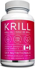 Sky Nutritionals, Premium Antarctic Krill Oil, 500 mg per softgel, Omega-3 with EPA & DHA; Astaxanthin. Supports heart and joint health. 60 - Easy to swallow softgel capsules per bottle.