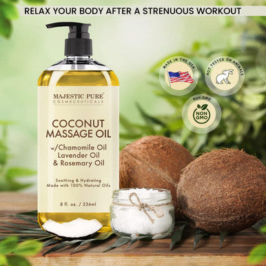 MAJESTIC PURE Coconut Massage Oil Ultra Glide Formula with Soothing Aroma Therapeutic Massage Made with Natural Oils All Skin Types Men and Women 8 fl oz