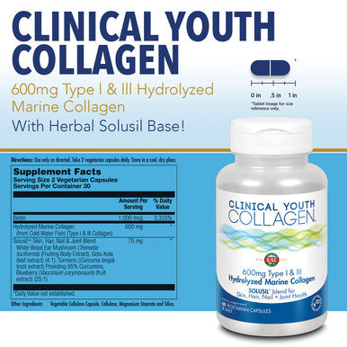 KAL Clinical Youth Collagen | Healthy Skin, Hair, Nail and Joint Support | Hydrolyzed Marine Collagen | 60ct, 30 Serv.