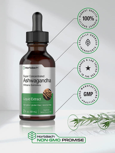Ashwagandha Root Liquid Extract 2 fl oz Alcohol Free Tincture Vegetarian Non GMO Gluten Free Supplement by Horbaach