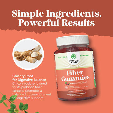 Natures Craft Sugar Fiber Gummies for Adults - High Fiber Supplement Gummies Vitamins for Adults with Prebiotic Soluble Chicory Root for Immunity and Digestive Support - Non GMO Halal Vegan Kosher Gluten