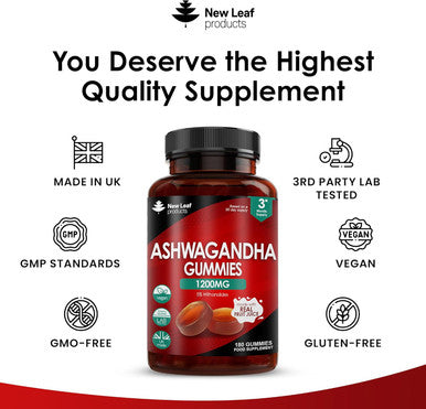 Ashwagandha Gummies 1200Mg 3 Months Supply High Strength 5% Withanolides - Real Fruit Juice, No Artificial Colours Or Flavours Pure Ashwagandha Root Extract, Gluten , Uk Made By Leaf