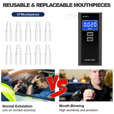 Amzeth Professional Breathalyzer Alcohol Tester: High-Accuracy Digital Lcd Display Bac Alarm 10 Mouthpieces 50 Record Memory Portable For Home & Party (Black With 10 Mouthpieces)