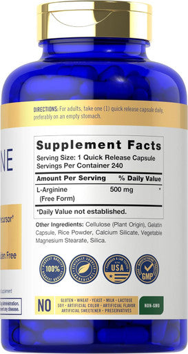 Carlyle L-Arginine 500mg Capsules | 240 Count | Form | Non-GMO & Gluten Supplement