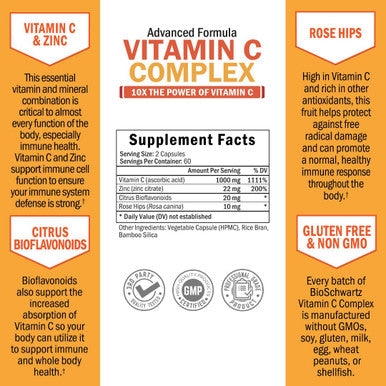 Vitamin C 1000mg Capsules with Zinc Rose Hips Bioflavonoids Immune Support Supplement with 10x The Power of Vitamin C Shortens Lessens Symptoms Equal to 10 Oranges 120 Capsules