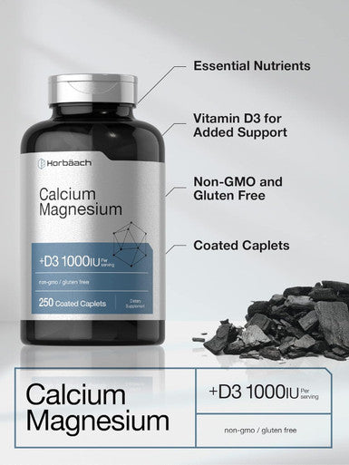 HorbAach Calcium Magnesium D3 Supplement 1000 Iu D3 250 Coated Caplets Non-Gmo & Gluten Free