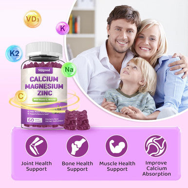 Calcium Magnesium Zinc Gummies - 1000Mg Calcium With Vitamin D3 & K2, Calcium Citrate Gummies For Bone, Muscle, Calm & Zzz Support -High Absorption Magnesium, Elderberry Flavored, 60 Count