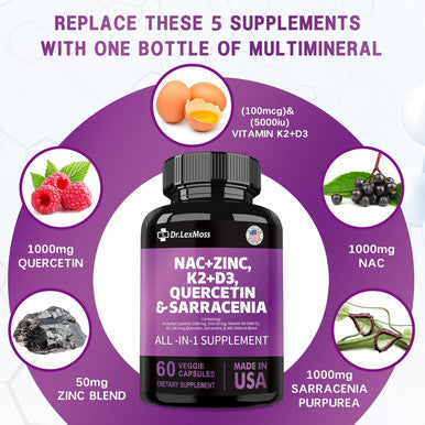 Nac Supplement N-Acetyl Cysteine 1000Mg Vitamin D3 K2 Zinc Quercetin 1000Mg Sarracenia Purpurea 1000Mg With Elderberry Holy Basil Bee Propolis Bromelain L-Lysine For Men And Women,60 Count Usa