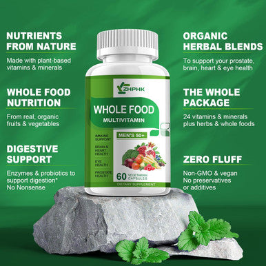 Mens Multivitamins 50 Plus, Whole Food Multivitamin Organic Natural Foods Mens Vitamins Multivitamin Men 50+ For Brain, Heart And Eye Health, Improve Digestion & Prostate Health, 60 Capsules