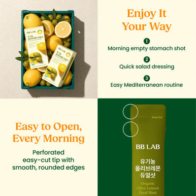 BB LAB Organic Olive Lemon Dual Shot Cold Pressed Extra Virgin Picual Olive Oil with NFC Lemon Juice 20g*10 Sticks