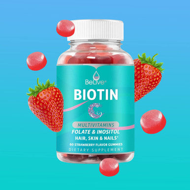 Belive Biotin Gummies With Multivitamins, Folate, Inositol Supports Hair Growth, Healthy Skin & Nails Vegan, Pectin Based Strawberry Flavor (1)