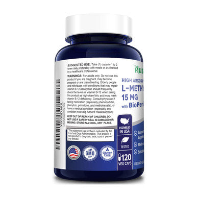 NusaPure L Methylfolate 15mg | 120 Veggie Capsules | Bioperine | Max Potency | Non-GMO, | Methyl Folate