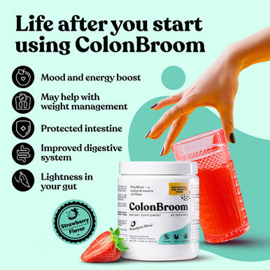 Colonbroom Psyllium Husk Powder (Strawberry & Tropical Fruits) - Colon Broom Colon Cleanse For Bloating Relief & Gut Health - Fiber Powder Drink - Vegan, Gluten , Non-Gmo Fiber Powder Supplement
