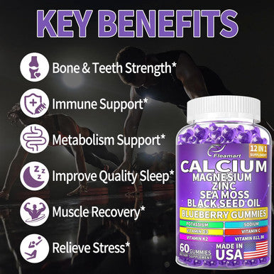 Calcium Magnesium Zinc Supplement Gummies Sugar For Women And Men Calcium Gummies Supplement Bone & Immune Support Made In Usa 60 Counts Blueberry Flavor
