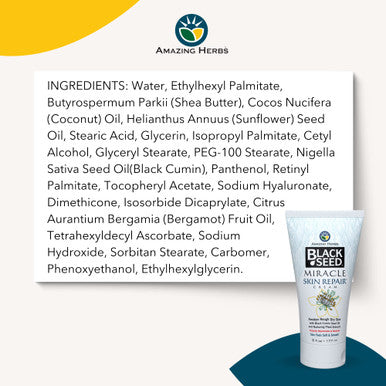 Amazing Herbs Black Seed Miracle Skin Repair Cream - Non-Allergenic Formula, Black Cumin Seed Oil, Vitamin E, And Other Essential Oils Support Collagen & Elastin Production - 6 Fl Oz
