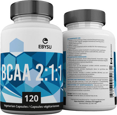 EBYSU BCAA Branched Chain Amino Acid Supplement 2:1:1 L-Leucine, L-Isoleucine, and L-Valine 120 Capsules