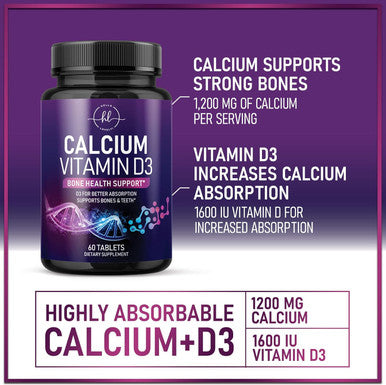 Calcium Supplement For Women 1200 Mg Plus 1600Iu Vitamin D3, Bone Health, Teeth & Immune Support - Calcium With Extra Strength Vitamin D High Absorbable Premium Calcium Carbonate - 60 Tablets