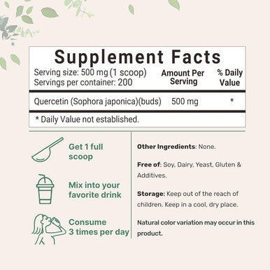 Micro Ingredients Pure Quercetin Dihydrate Powder Quercetin 500mg Per Serving 100 Grams Most Bioavailable Grade and Filler Powerful Antioxidant Supports Energy Immune System No GMOs and Vegan