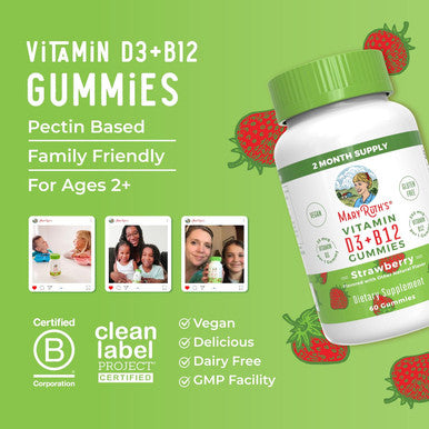 Maryruth Organics Vegan Vitamin D3 + Vitamin B12 Gummies | 2 Month Supply | Supports Bone Health | Immune Support Supplement | Energy Supplements | Methyl B12 Vegan Non-GMO Gluten | 60 Servings