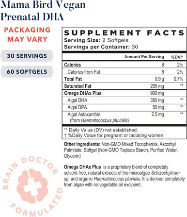 Best Nest Wellness Mama Bird Vegan Prenatal DHA Vitamin 350 mg Algae Omega 3 Supplements Supports Baby's Brain & Eyes Easy to Swallow Softgels 60 Ct