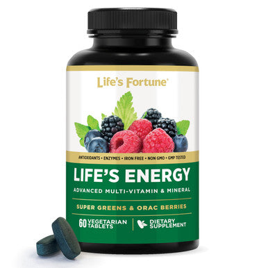 Life's Fortune Life's Energy Advanced Multi-Vitamin and Mineral for Men & Women Non-GMO - Super Greens - ORAC Berries - AntiOxidants - Enzymes - Iron Free - GMP Tested 60 Veggie Tablets