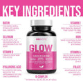 Glow by GoBiotix Hair Skin Nails Multivitamin Supplement 10000mcg Biotin Pills Antioxidant with Hyaluronic Acid Folic Acid Iron Magnesium Zinc Boosts Collagen Production 90 Capsules