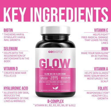 Glow by GoBiotix Hair Skin Nails Multivitamin Supplement 10000mcg Biotin Pills Antioxidant with Hyaluronic Acid Folic Acid Iron Magnesium Zinc Boosts Collagen Production 90 Capsules