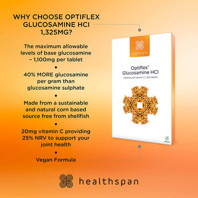 Healthspan Optiflex Glucosamine HCI 1,325mg with Vitamin C (8 Months' Supply) | Shellfish Free Vegan Tablets for Joint Health | 40% More glucosamine Than Glucosamine Sulphate | Added Vitamin C