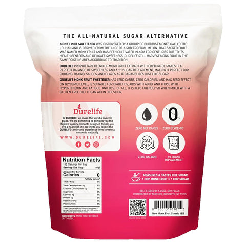 Durelife Golden Monk Fruit Sweetener, 1:1 Sugar Replacement, Keto Diet Friendly, Zero Calorie, Kosher Sugar Substitute, Golden - 10 lb Bulk Size
