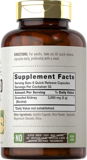 Carlyle Grass Fed Beef Kidney Supplement | 200 Capsules | 3000mg | Pasture Raised Desiccated Bovine Supplement | Hormone and Pesticide | Non-GMO Gluten | by Herbage Farmstead
