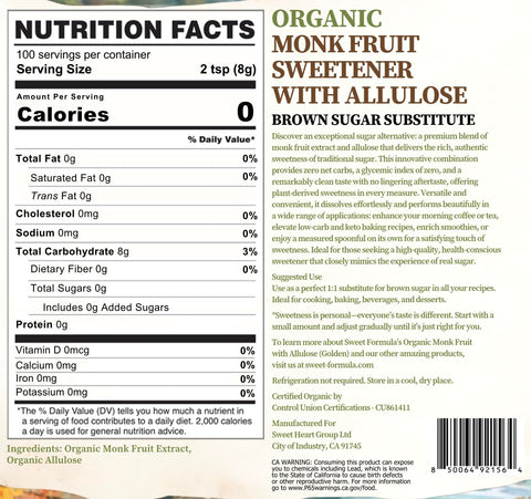 Sweet Formula Organic Golden Monk Fruit Sweetener with Allulose - Raw Cane Sugar Substitute, Coffee, Tea, Baking, Erythritol Free, Gluten Free, Vegan, Keto Friendly, Sugar Replacement (1.76 lb)