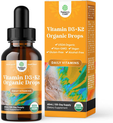 Natures Craft Liquid Vitamin D3 with K2 for Adults - Organic Vitamin D3 K2 Drops with 2000IU per Serving - Vegan Vitamin D3 Liquid Drops for Bone Muscle Heart & Immune Support with MCT Oil for Enhanced Absorption