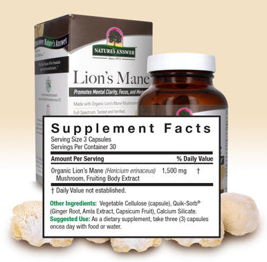 Nature'S Answer Lions Mane Mushroom Powder 1500 mg 90-Capsules | Brain Mushroom Supplement | Promotes Focus Memory Mental Clarity | Vegan Non-GMO | Single Count