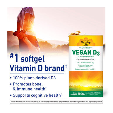 Country Life Vegan D3 5000 Iu 60 Softgels Certified Gluten Free Certified Vegan