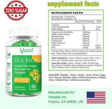 2 Pack Organic Irish Sea Moss Gummies With Black Seed Oil, Chlorophyll - Thyroid, Digestion, Mood, Energy & Immune Support - Women & Men, Adult & Kid - 120 Vegan Gummies