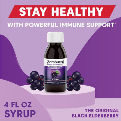 Sambucol Black Elderberry Syrup - Sambucus Elderberry Syrup, Black Elderberry Liquid, Immune Support, Elderberry Syrup For Kids And Adults, High Antioxidants, Gluten - Original Formula, 4 Fl Oz