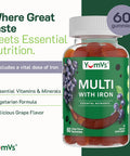 Yumvs Multivitamin Gummies With Iron - Grape Flavor - Vegetarian Kosher Multi Vitamins For Adults With Vitamin A C B6 B12 Biotin Zinc - No Calcium - Mens/Womens Multivitamin With Iron Gummy (60 Count)