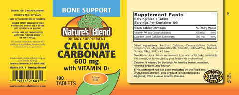 Nature's Blend Calcium Carbonate 600 mg with D3 400 IU 100 Tablets(Pack of 1) 079854016819