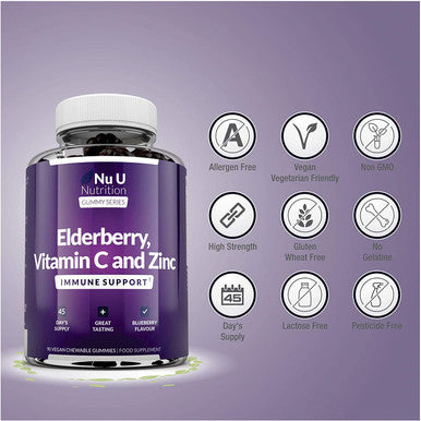 Elderberry Gummies for Adults & Kids - 90 Gummies with Sambucus Black Elderberry, Vitamin C & Zinc - Immune System Booster - Blueberry Flavour - Vegan & Vegetarian