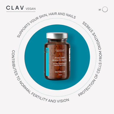 Clav Zinc Bisglycinate 25Mg - 180 Tablets (6 Months Supply) - Natural Chelated Zinc Supplement - Vegan Zinc Glycinate For Immune & Skin Support