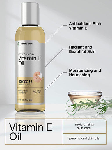 Vitamin E Oil For Skin 30,000 IU | 4 fl oz | 100% Pure Oils | Moisturizing Oil | Non-GMO, Vegetarian | By Horbaach | Packaging May Vary