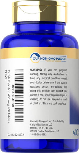 Carlyle Folic Acid 400 mcg | 400 Tablets | Vegetarian Non-GMO Gluten
