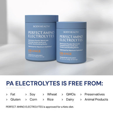 BodyHealth PerfectAmino Electrolytes Powder No Sugar Keto Sugar Free Fasting Electrolytes Drink Mix Hydration Powder with Trace Minerals Orange 30 Servings