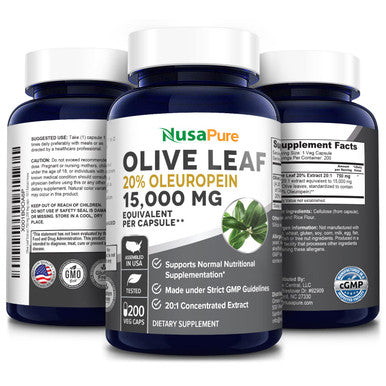 NusaPure Olive Leaf Extract (Non-GMO) 15000 mg - 20% Oleuropein - Vegetarian - Super Strength - No Oil
