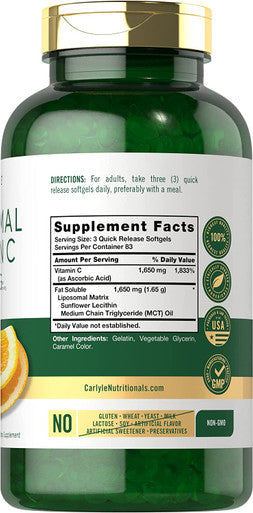 Carlyle Liposomal Vitamin C 1650mg | 250 Softgels | High Potency | Non-GMO, Gluten Free