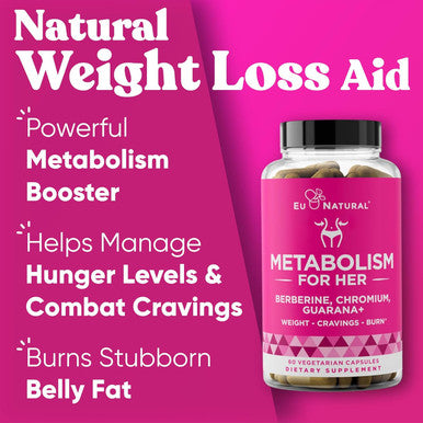 Eu Natural Metabolism for Her - Weight Loss Pills for Women - Appetite Suppressant Fat Burner Metabolism Booster - Combat Cravings & Lose Belly Fat - Berberine Chromium Picolinate & Guarana - 60 Veg Capsules