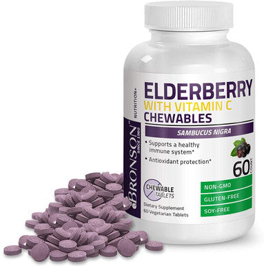 BRONSON Elderberry Chewables with Vitamin C - Berry - 60 Vegetarian Tablets- Adults and Kids Immune Support